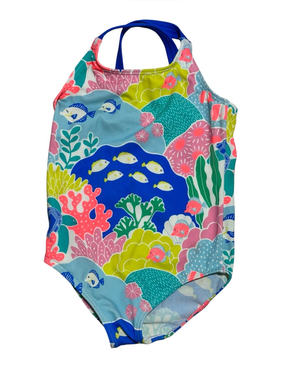 Boden Kids One-Piece Swimsuit - Bright Blue, Coral & Lime Reef Print 12-18 mon